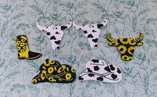 Cowboy style earrings, sunflower earrings, sunflower jewellery, black and white cow earrings, line dancing earrings, line dancing lovers
