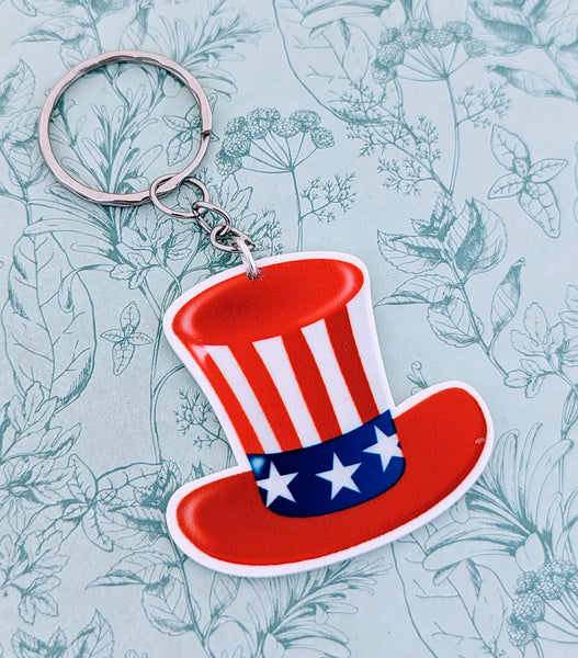Patriotic independence day hat keychain, American flag keychain, American style gifts, stars and stripes keychain, gifts for patriots,