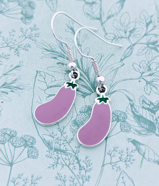 Purple aubergine fruit earrings, cute purple aubergine jewellery, aubergine lover gifts, aubergine fruit themed gifts, gifts for vegans