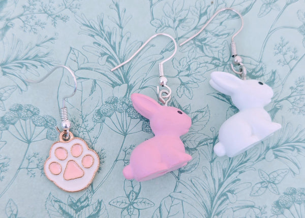 Cute white rabbit earrings, pink rabbit jewellery, rabbit mom gifts, rabbit lover gifts, mismatch style earrings, animal themed gifts,