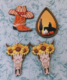 Cowboy style statement earrings, flower cow skull earrings, horse style jewellery, country and western lover gifts, Nashville themed gifts