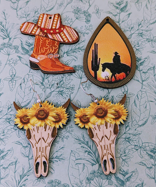 Cowboy style statement earrings, flower cow skull earrings, horse style jewellery, country and western lover gifts, Nashville themed gifts