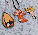 Cowboy boots statement necklace, country and western style jewellery, Nashville themed gifts, cow skull necklace, rancher gift, cowgirl gift