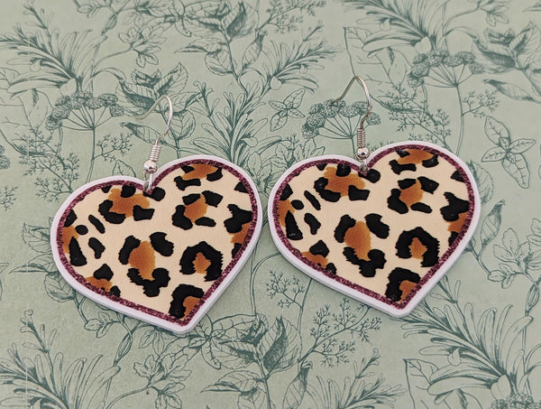 Leopard print heart earrings, leopard print heart jewellery, heart themed gifts, heart charms, big heart statement earrings,