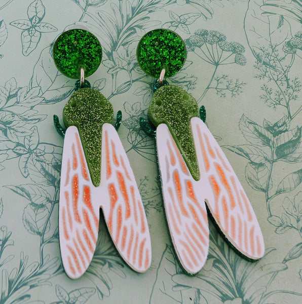 Green glittery fly earrings, insect earrings, insect lover jewellery, insect themed gifts, fly themed, punk gothic earrings, gothic themed