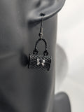 Black handbag earrings, handbag lover gifts, handbag themed jewellery, gifts for sisters, mothers day gifts, model gifts ideas, handbags,