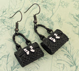 Black handbag earrings, handbag lover gifts, handbag themed jewellery, gifts for sisters, mothers day gifts, model gifts ideas, handbags,
