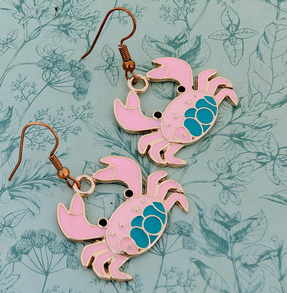 Pink cute crab earrings, crab themed jewellery, gifts for crab lovers, star sign inspired gifts, crabbing gifts, seaside themed gifts,