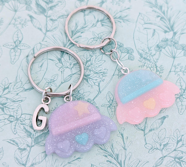 Glittery pastel UFO spaceship keyring, UFO believer gifts, alien themed gifts, space geek gifts, science teacher gifts, UFO researcher