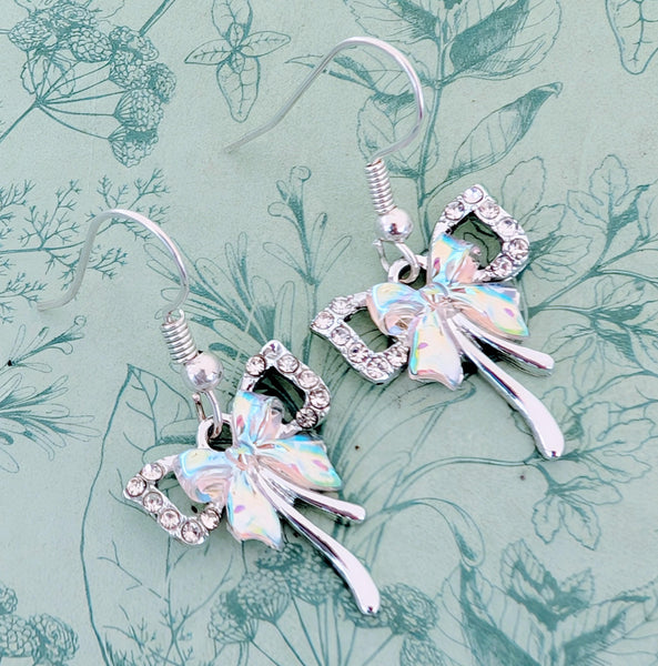 Cute silver girly bow earrings, bow lover themed jewellery, girly gifts ideas, bridal jewellery, bridal earrings, rhinestone earrings,