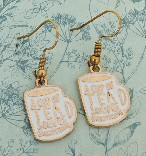 Tea lover earrings, tea addict gifts, gifts for tea lovers, novelty fun earrings, a cup of tea solves everything, gifts for mums,