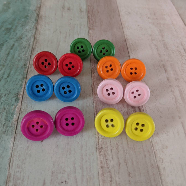 Button earrings, fun earrings, quirky earrings, rainbow colours, rainbow earrings, stud earrings, button jewellery, novelty earrings,