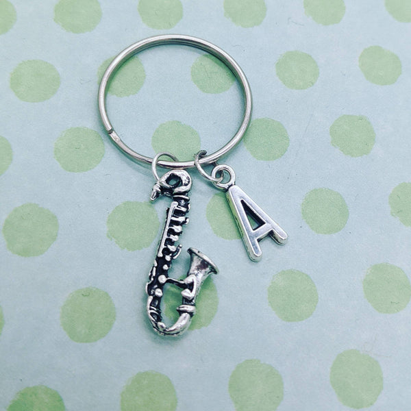 Saxophone keyring, saxophonist gifts, music keyring, music teacher gifts, initial keychain, charm keyring, birthday gifts, jazz music,