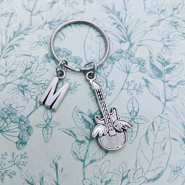 Guitar keychain, guitar lover gifts, guitar player gifts, initial keychain, bff gifts, sister gifts, music lover gifts, music keychain,