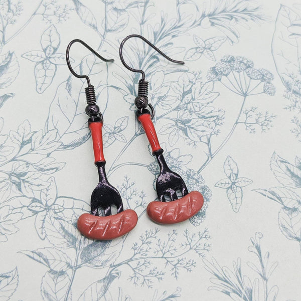 Fork earrings, sausage earrings, novelty earrings, novelty jewelry, foodie gifts, foodie earrings, bff gifts, sister gifts, barbecue earring