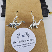 Dinosaur earrings, dinosaur jewelry, brontosaurus earrings, dino earrings, archeologist gifts, animal earrings, gift for her, dino accessory