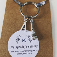 Microphone keychain, initial keyring, personalised keyring, music gift, singer keyring, singer gifts, music teacher, stocking filler,