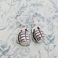 Grenade earrings, army earrings, weapon earrings, weapon jewelry, army jewellery, charm earrings, zombie killer earrings, goth earrings,