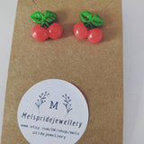 Cherry earrings, stud earrings, fruit earrings, gifts for her, retro earrings, kawaii earrings, rockabilly earrings, girl earrings,