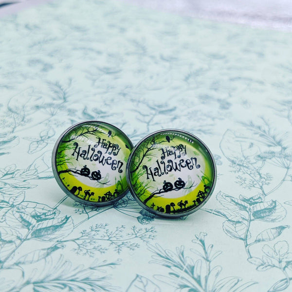 Halloween earrings, stud earrings, statement earrings, gothic earrings, gothic jewellery, gothic gifts, Halloween lover gifts, green earring