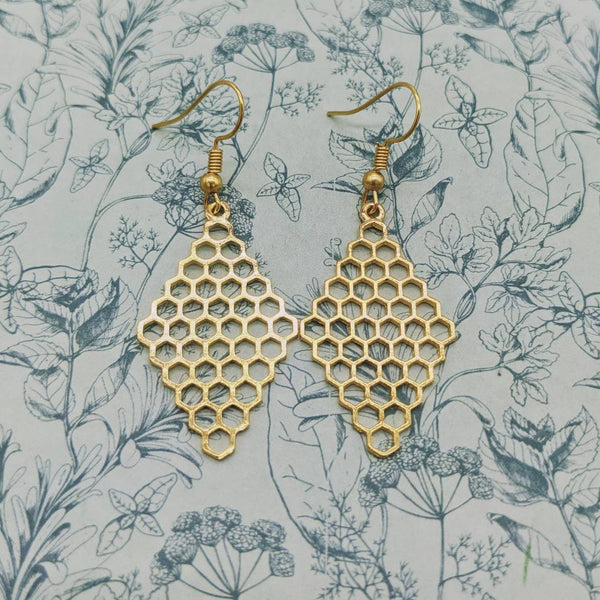 Honeycomb earrings, dangle earrings, gold earrings, honeycomb jewellery, boho earrings, boho jewellery, sister gifts, geometric earrings,