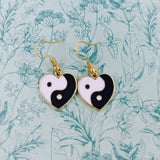 Yin Yang earrings, yin Yang jewelry, yoga earrings, hippie earrings, hippie themed, 80s earrings, heart themed, heart earrings, bff gifts,