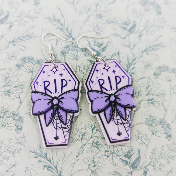 Rip coffin earrings, statement earrings, statement jewelry, coffin jewelry, gothic inspired gifts, aesthetic goth earrings, horror gifts,