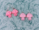 Mushroom earrings, mushroom jewelry, kawaii earrings, kawaii themed, mushroom themed, pink earrings, mushroom inspired, mushroom fan,