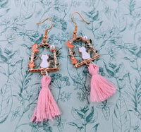 Cat earrings, pink cat earrings, tassel earrings, cat mom gifts, cat lover gifts, cat themed, fan fringe earrings, cat jewellery, white cat