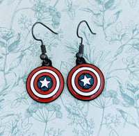 Superhero earrings, superhero inspired, fandom earrings, fandom jewelry, superhero geek, comic geek gifts, star earrings, shield earrings