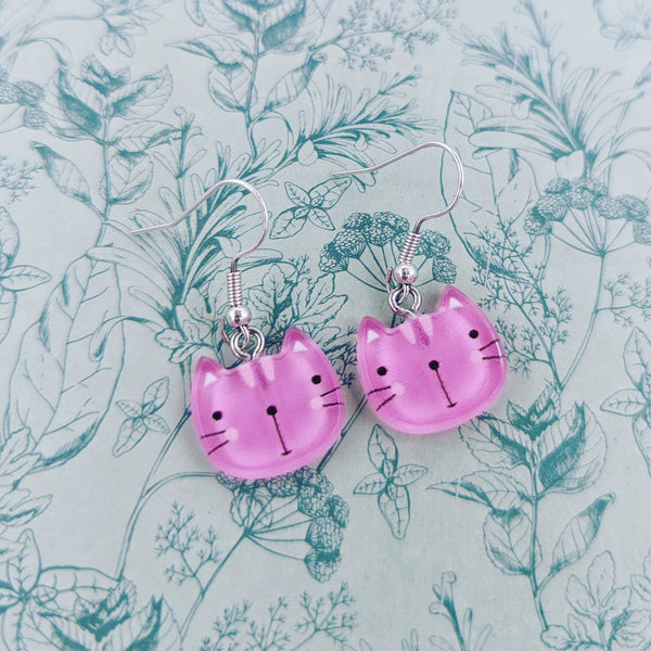 Pink cat earrings, cat lover gifts, cat themed, pink cat jewelry, pet owner gifts, kitten earrings, vet gifts, children earrings,