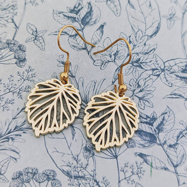 Gold leaf earrings, monstera earrings, monstera jewelry, plant jewellery, plant lover gifts, nature inspired, gifts for nature lovers,