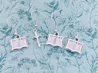 Bible earrings, religious earrings, crucifix earrings, religious inspired gifts, booking earrings, Christian gifts, biblical gifts,