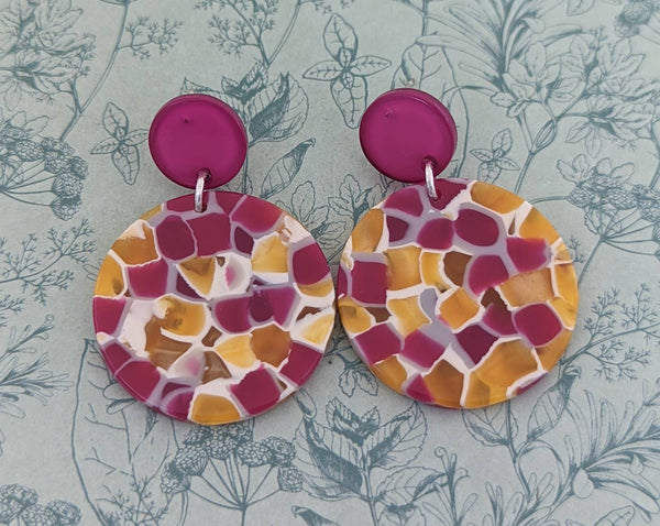 Mosaic earrings, pink earrings, statement earrings, statement jewellery, party inspired earrings, retro earrings, retro jewellery,