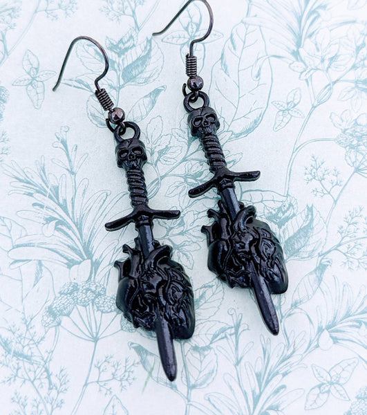 Dagger earrings, sword earrings, heart earrings, gothic jewelry, gothic earrings, gifts for a goth, gamer earrings, gamer birthday gifts,