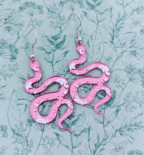 Pink snake earrings, snake jewellery, snake lover gifts, celestial earrings, celestial jewellery, celestial gifts, pagan earrings,