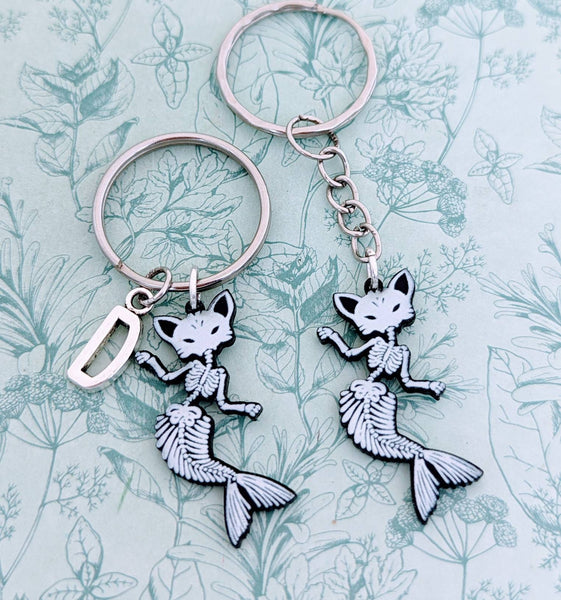 Cat mermaid skeleton keychain, mermaid Keyring, gothic keychain, gothic lover gifts, cat keychain, gothic inspired gifts, Halloween gifts