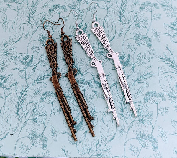 Shot gun earrings, statement earrings, big earrings, weapon earrings, weapon jewelry, gothic earrings, gamer gifts, gifts for gamers